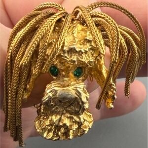 Vintage De Nicola Poodle Dog Brooch Green Rhinestone Eyes Gold Tone Tassel Hair